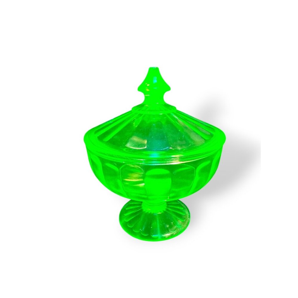 Depression Era Uranium Glass Compote Candy Dish Glows Under Blacklight - Picture 1 of 16